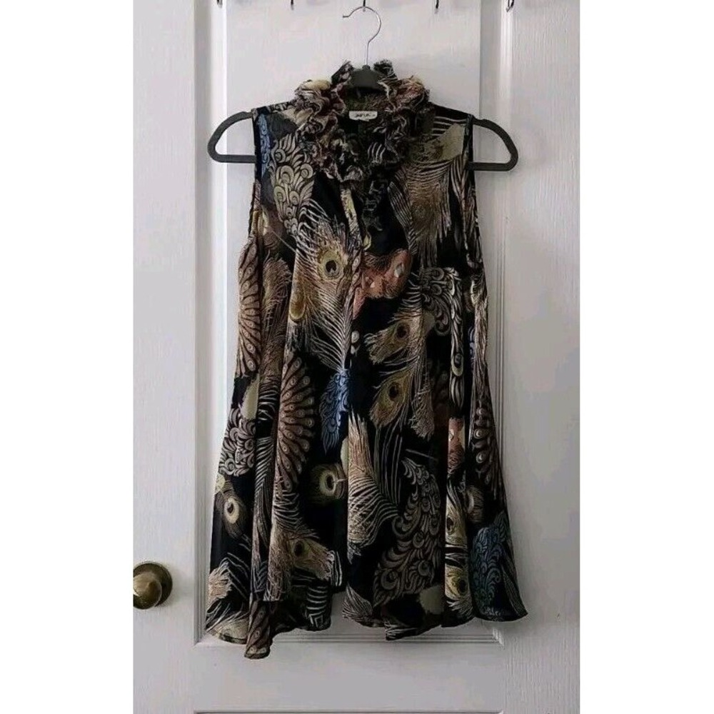Jaipur Women's Ruffle Collar Tunic Blouse Sleeveless Semi Sheer Peacock Print S
